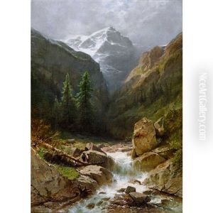 Wilder Gebirgsbach Bei Rosenlaui Mit Dem Wellhorn by Gustave Eugene Castan