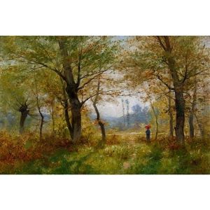 Dame Mit Rotem Schirm Im Sonnigen Wald by Gustave Eugene Castan
