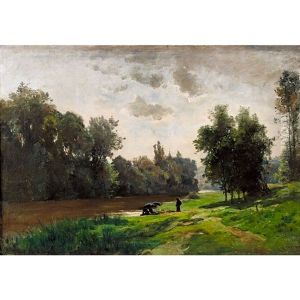 Sommerliche Flusslandschaft Mit Rastenden by Gustave Eugene Castan
