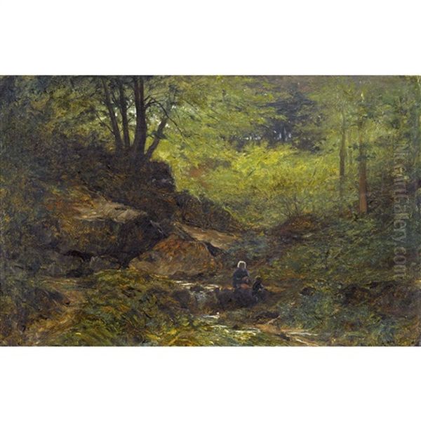 Bauerin Mit Kind Am Waldbach - view 1