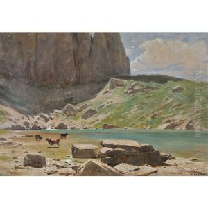 Weidende Kuhe Am Sonnigen Bergsee by Gustave Eugene Castan