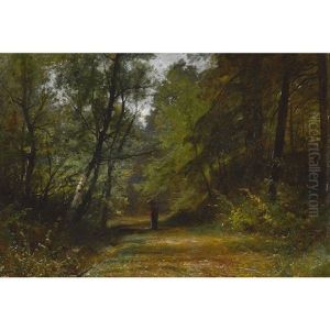 Dame Mit Sonnenschirm Auf Einem Waldweg by Gustave Eugene Castan