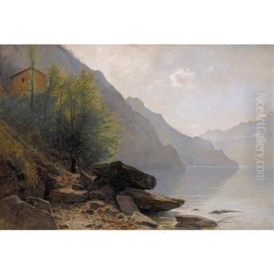 Femme Au Bord Du Lac Des Quatre-cantons by Gustave Eugene Castan