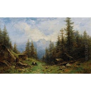 Sommerliche Berglandschaft Mit Bauernpaar Sommerliche Berglandschaft Mit Bauernpaar