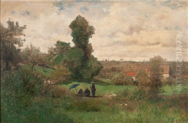 Sommerlandschaft Mit Bauernhausern Und Spaziergangerinnen - view 1
