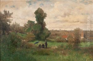 Sommerlandschaft Mit Bauernhausern Und Spaziergangerinnen by Gustave Eugene Castan