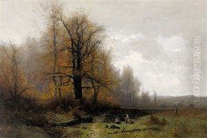 Feldlandschaft Mit Samann Und Kindern Am Waldrand