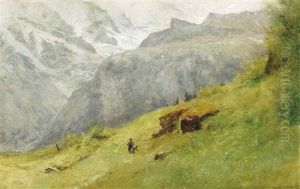 Children Picking Flowers In An Alpine Landscape by Gustave Eugene Castan