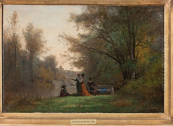 Baumreiche Flusslandschaft Mit Spaziergangern - view 1