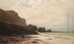 A Villers Sur Mer (normandie) - Kustenlandschaft Mit Felsen Und Fischerfamilie by Gustave Eugene Castan