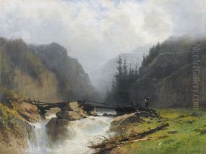 Gebirsgbach Mit Brucke Und Reisigsammler by Gustave Eugene Castan