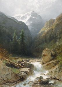 Wilder Gebirgsbach Bei Rosenlaui Mit Dem Wellhorn by Gustave Eugene Castan