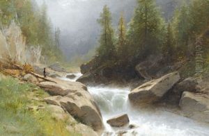 Wilder Gebirgsbach Bei Zermatt Mit Wanderer by Gustave Eugene Castan