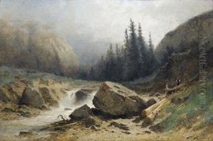 Reissender Gebirgsbach Mit Bauerin Reissender Gebirgsbach Mit Bauerin