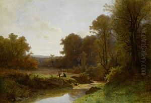 Bewaldete Landschaft Mit Flusslauf by Gustave Eugene Castan