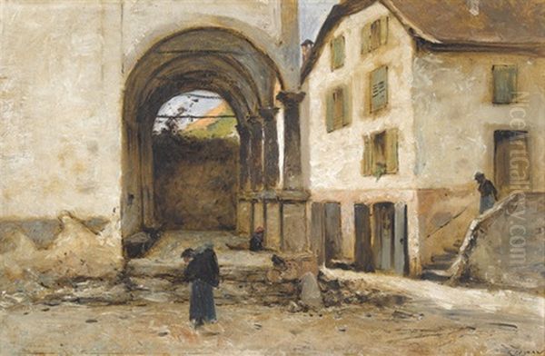 Strassenpartie Mit Kirche Und Figurenstaffage - view 1