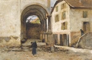 Strassenpartie Mit Kirche Und Figurenstaffage Strassenpartie Mit Kirche Und Figurenstaffage