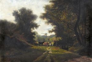 Sonnige Waldlichtung Mit Kuhen by Gustave Eugene Castan