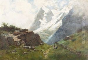 Sommerliche Gebirgslandschaft Im Wallis Mit Zwei Wanderern by Gustave Eugene Castan
