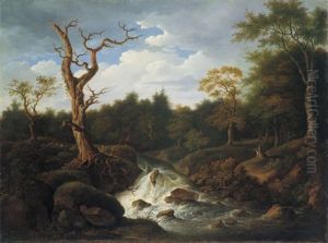 Waldlandschaft Mit Wildem Bachlauf Und Staffagefiguren by Gustave Eugene Castan