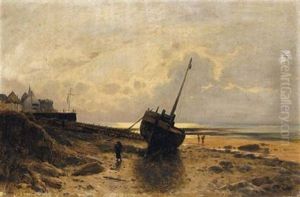 Bateau Echoue Sur Une Plage A Maree Basse by Gustave Eugene Castan