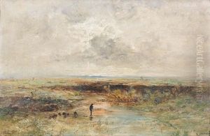 Landschaft Mit Schafer In Der Abenddammerung