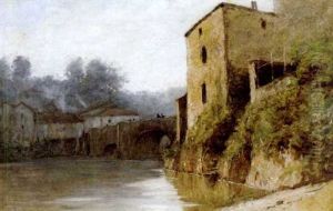 Steinbrucke Und Hauser Am Fluss by Gustave Eugene Castan