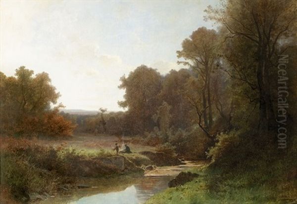 Waldlichtung Mit Zwei Figuren Am Feuer - view 1