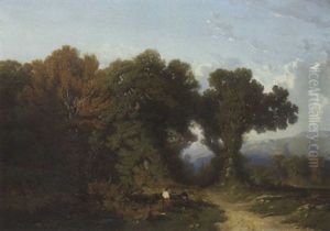 Holzfaller Auf Sonnigem Weg Am Waldrand by Gustave Eugene Castan