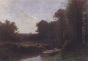 Landschaft Mit Vater Und Sohn Ein Feuer Machend