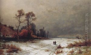 Winterlandschaft Mit Figuren Und See Im Hintergrund by Gustave Eugene Castan
