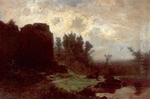 Figure With A Pail Within A River Landscape by Gustave Eugene Castan