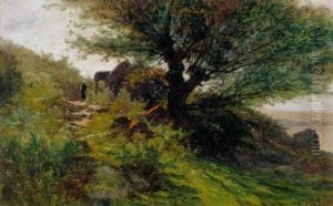 Felsiger Pfad Mit Bauerin Am Seeufer by Gustave Eugene Castan