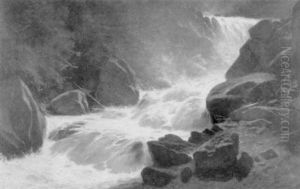 Reissender Gebirgsbach In Felsigem Bett by Gustave Eugene Castan