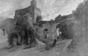 Rastender Wanderer In Einer Burgruine by Gustave Eugene Castan