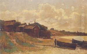 Garcon Avec Barque De Peche Sur La Plage by Gustave Eugene Castan
