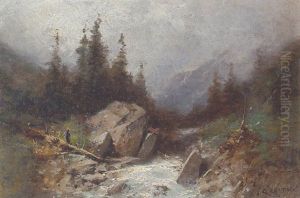 Ruisseau De Montagne Avec Promeneur by Gustave Eugene Castan
