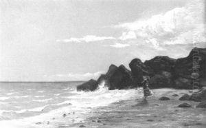Felsige Meereskuste Mit Frau Am Strand by Gustave Eugene Castan