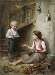 Vesperzeit: Junges Geschwisterpaar Im Hinterhof, Das Mittagsmahl Speisend by Pierre Jean Edmond Castan
