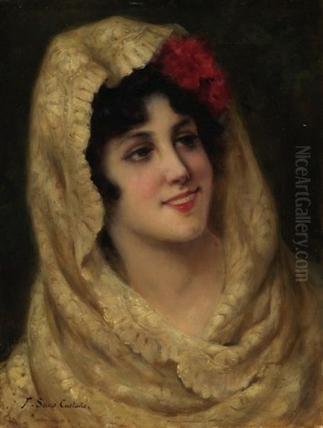 Spanierin Mit Roter Blume Im Haar Und Weisser Spitzen-mantilla - view 1