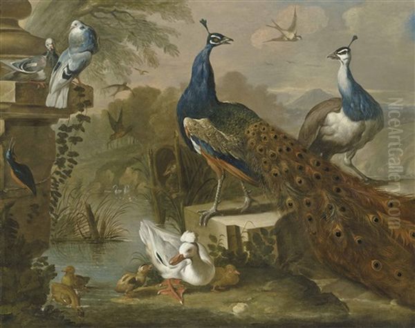 Peacocks, A Duck And And Other Birds In A River Landscape - view 1