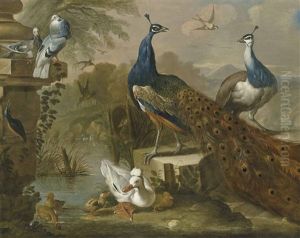 Peacocks, A Duck And And Other Birds In A River Landscape