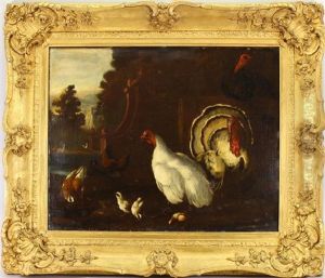 Painting Of Turkeys, Chickens In A Landscape