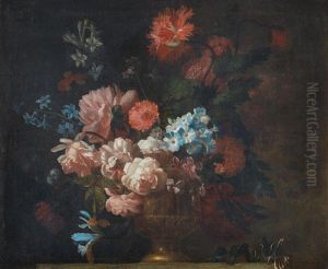 Roses, Morning Glory, Poppies And Other Flowers In A Gilt Vase On A Stone Ledge