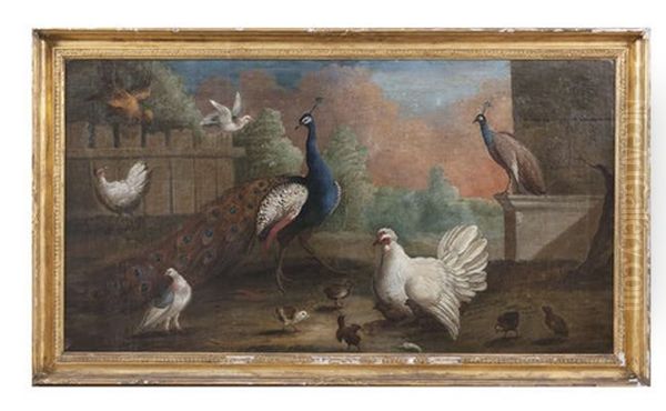 Peacocks And Domestic Fowl In An Architectural Landscape - view 1