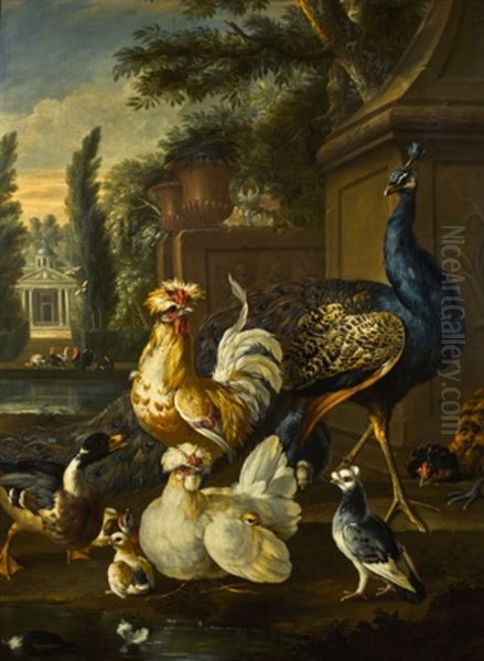 Wildfowl And A Peacock In A Palace Courtyard - view 1