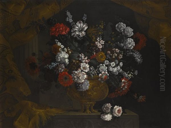 Still Life Of Flowers In A Gilt Urn On A Stone Ledge - view 1