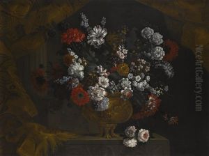 Still Life Of Flowers In A Gilt Urn On A Stone Ledge by Pieter Casteels III
