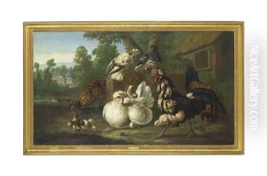 Cockerels, Chicks And Pigeons In A Farmyard, Ducks And Ducklings Near A Pond Beyond, A House Beyond by Pieter Casteels III