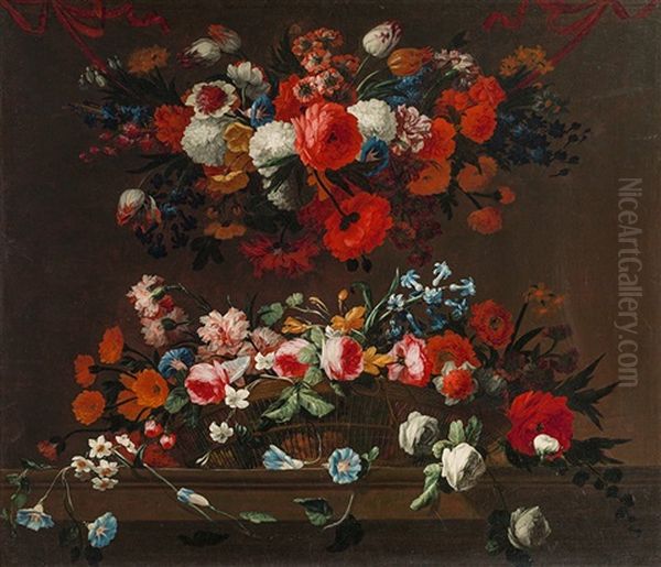 A Flower Garland With Flower Basket On A Stone Base - view 1